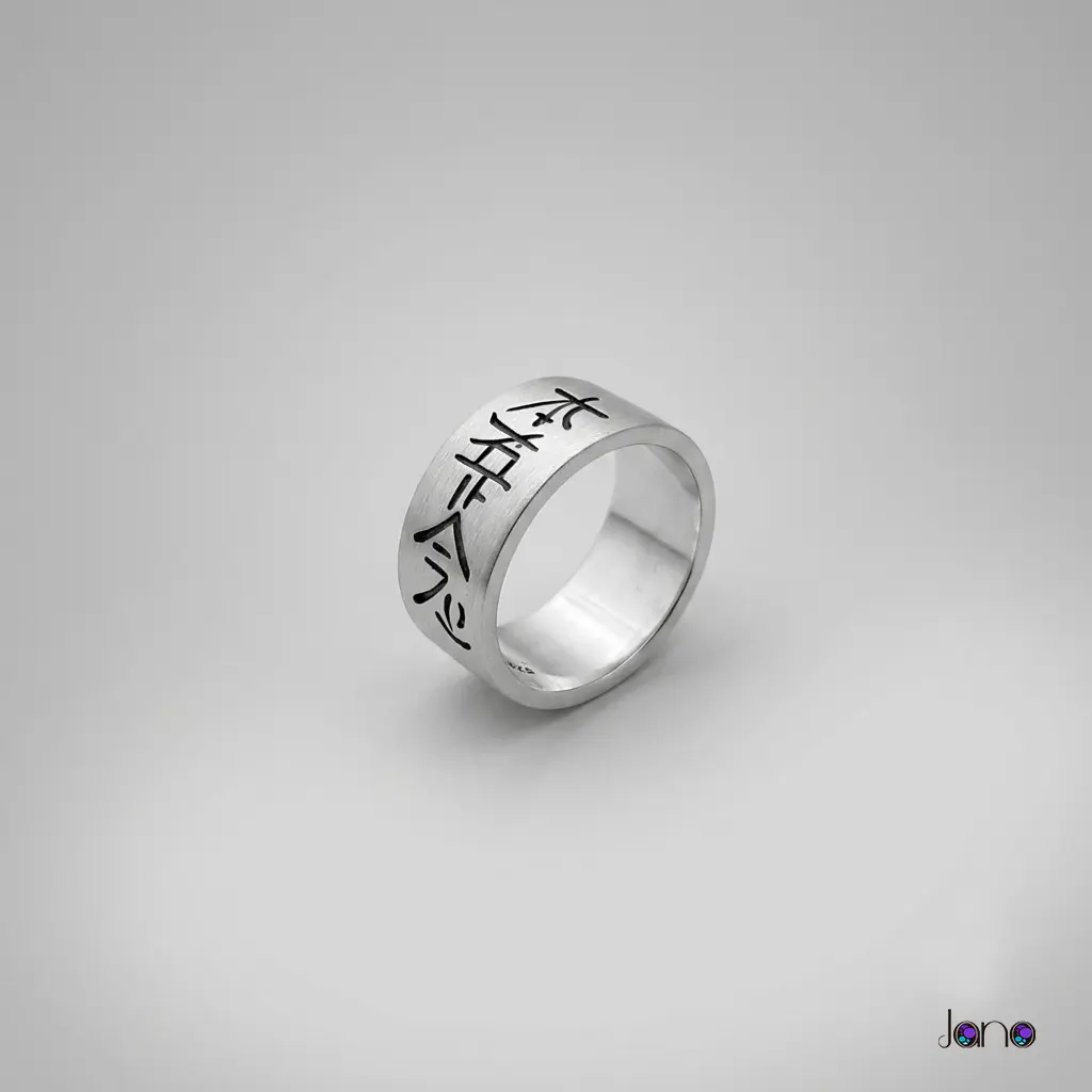 Anillo artesanal de plata 925 grabado con los símbolos Reiki Cho Ku Rei, Sei He Ki y Hon Sha Ze Sho Nen - Jano Joyas.