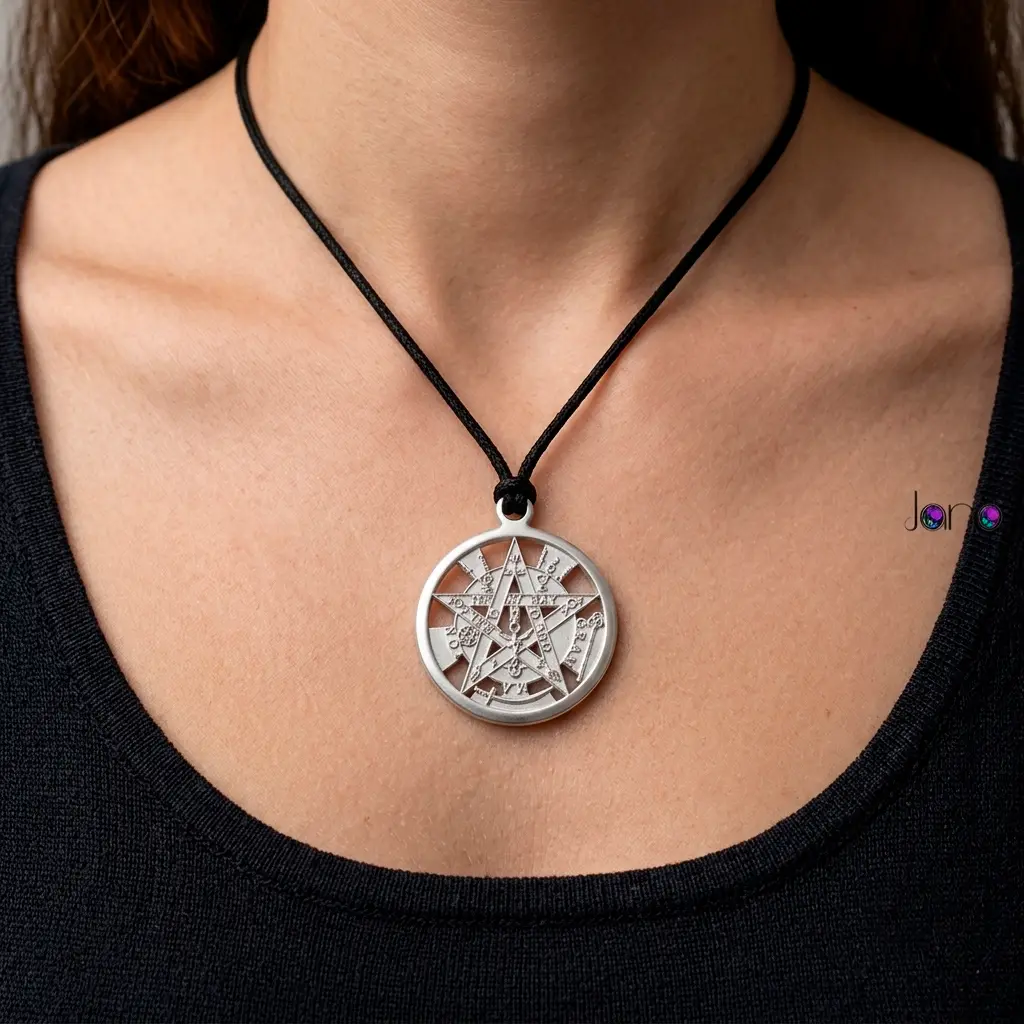 Modelo luciendo el amuleto del Tetragramatón de plata 925 con cordón negro. Joyería simbólica artesanal forjada a mano.