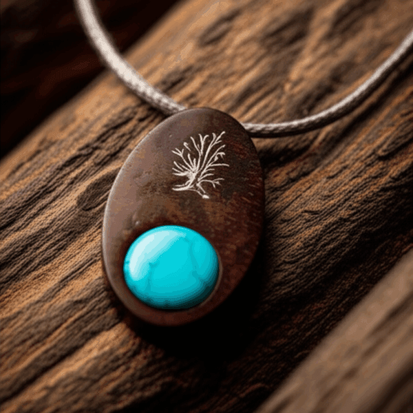 colgante hecho de madera de algarrobo reciclado y piedra turqueza