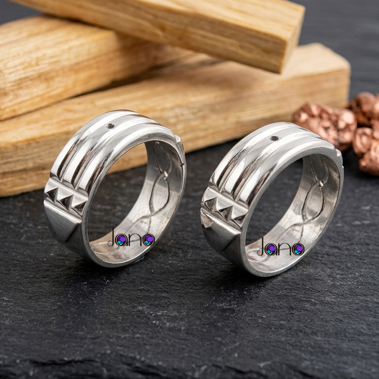 anillo atlante en plata sobre fondo en piedra y madera