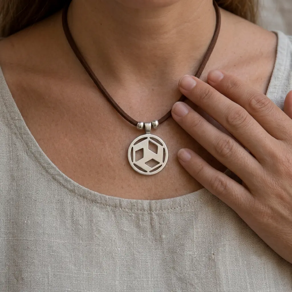 Vista de cerca del colgante Antahkarana de plata pulida sobre el cuello de una modelo mujer con camisa de lino, símbolo de sanación Reiki de Jano Joyas.