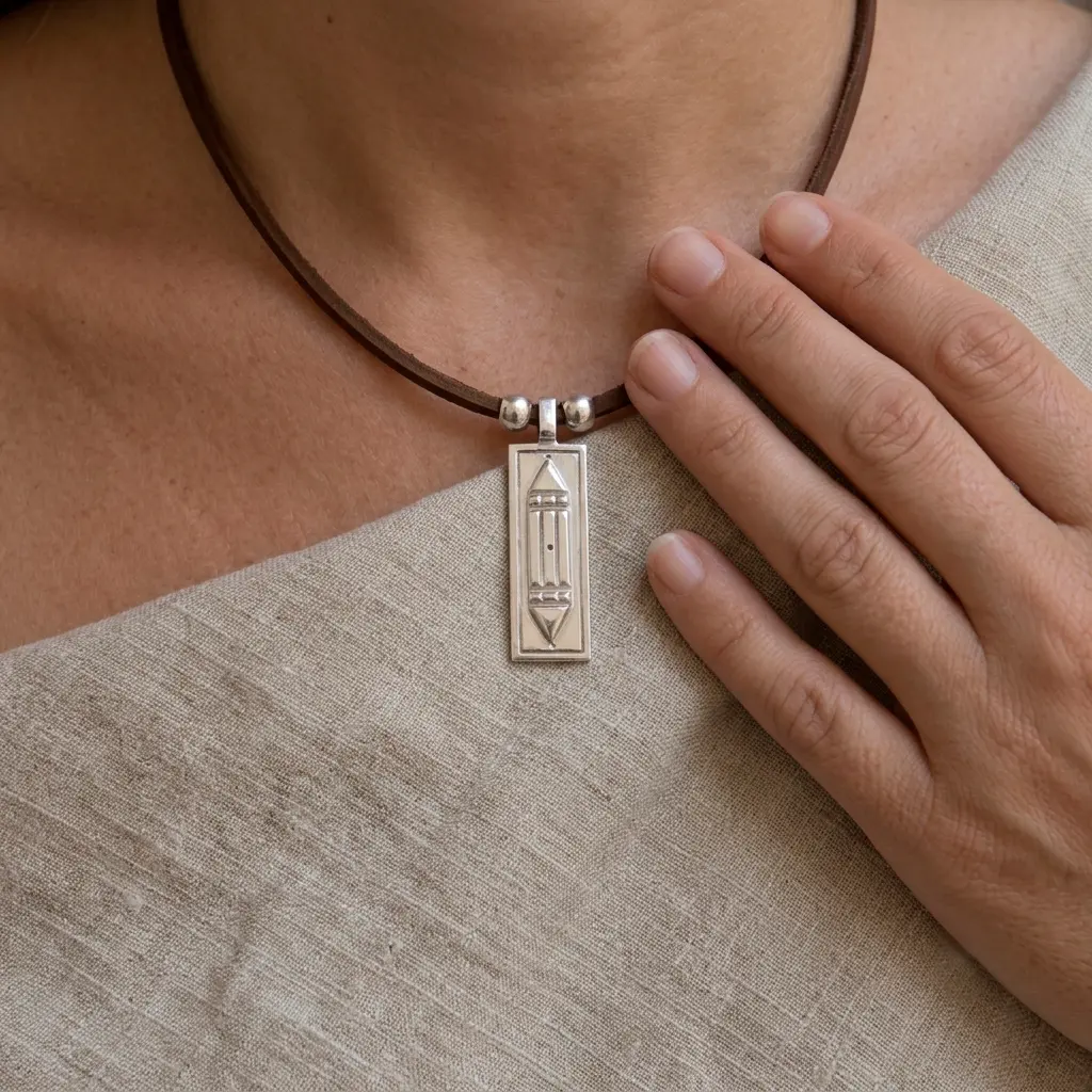 Primer plano de un modelo hombre con barba y camisa de lino, usando el colgante Atlante de plata de ley de Jano Joyas con su diseño geométrico protector.