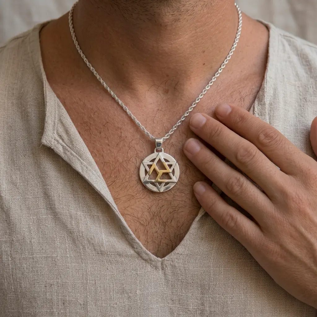 Detalle de la mano de un modelo hombre sosteniendo el colgante Antahkarana Planetario bicolor de plata y oro de Jano Joyas sobre su pecho, con camisa de lino beige.